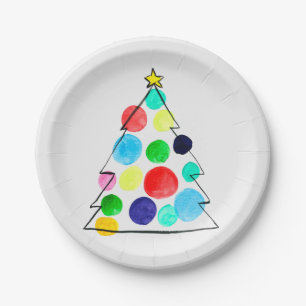 Colourful Christmas tree watercolor Paper Plate