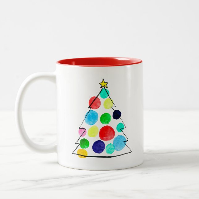 Colourful Christmas tree watercolor Two-Tone Coffee Mug (Left)
