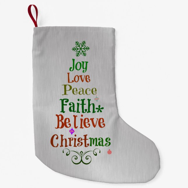 Colourful Christmas Tree Words Small Christmas Stocking (Front)