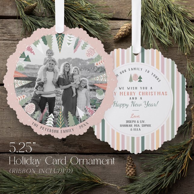Colourful Christmas Tree Wreath PINK Modern Photo  Ornament Card (Modern hand drawn Merry Christmas tree wreath pink green unique photo holiday paper ornament card)