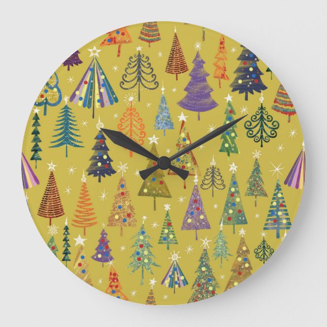 Colourful Christmas Trees: Festive Background. Large Clock (Front)