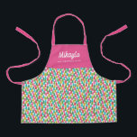 Colourful Christmas Trees Name Apron<br><div class="desc">This cute personalized apron features a pattern of colourful Christmas trees in shades of green, red, lime, magenta pink, golden yellow, and aqua. The solid colour on the top can be customized, if desired. Easy to personalize for a unique gift, perfect for the young chef or baker! For product or...</div>