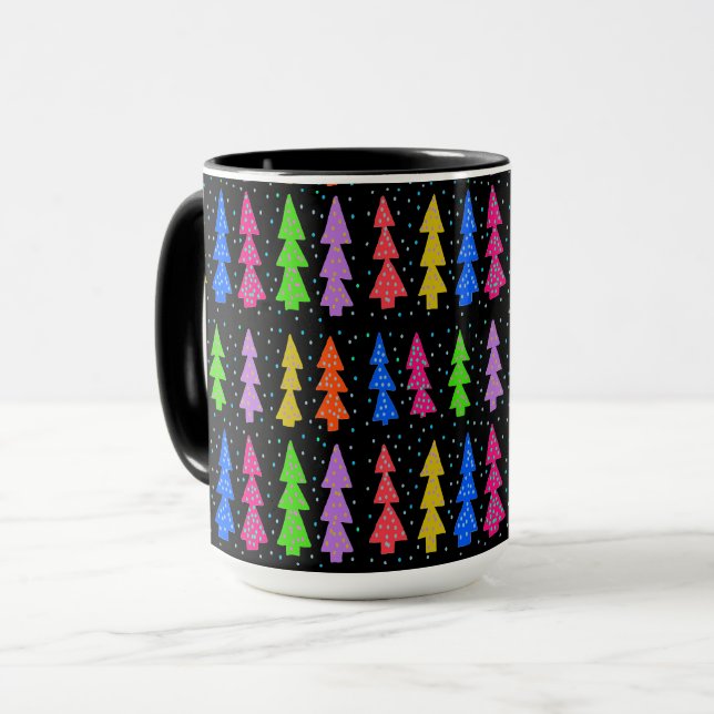 Colourful Christmas Trees on Black Mug (Front Left)