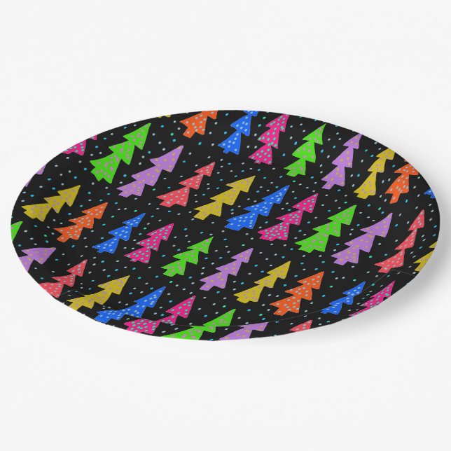 Colourful Christmas Trees on Black Paper Plate (Angled)