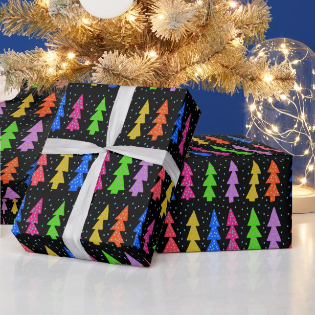 Colourful Christmas Trees on Black Wrapping Paper (Holidays)