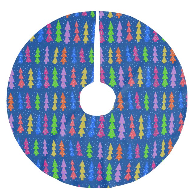 Colourful Christmas Trees on Blue Brushed Polyester Tree Skirt (Front)