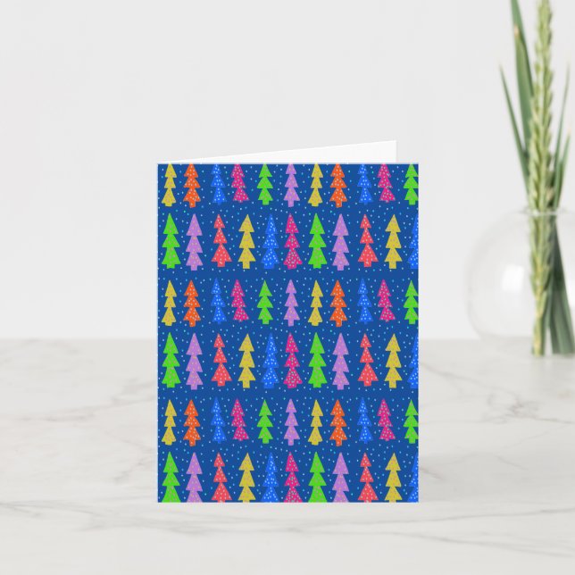 Colourful Christmas Trees on Blue Card (Front)