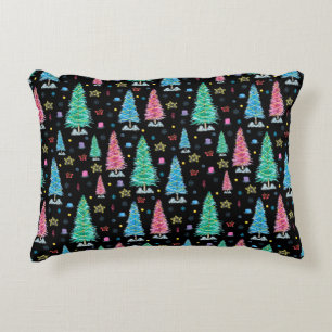 Colourful Christmas trees on Christmas night illus Accent Pillow
