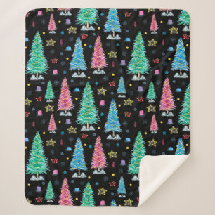 Colourful Christmas trees on Christmas night illus Sherpa Blanket