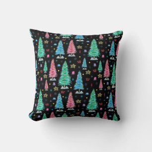 Colourful Christmas trees on Christmas night illus Throw Pillow