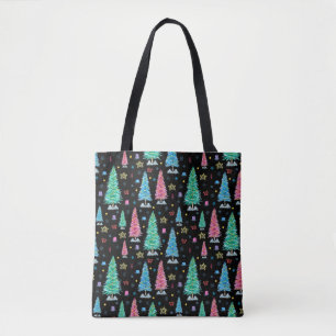 Colourful Christmas trees on Christmas night illus Tote Bag