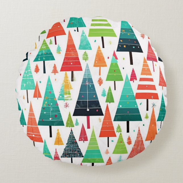 Colourful Christmas Trees Pattern Round Pillow (Front)