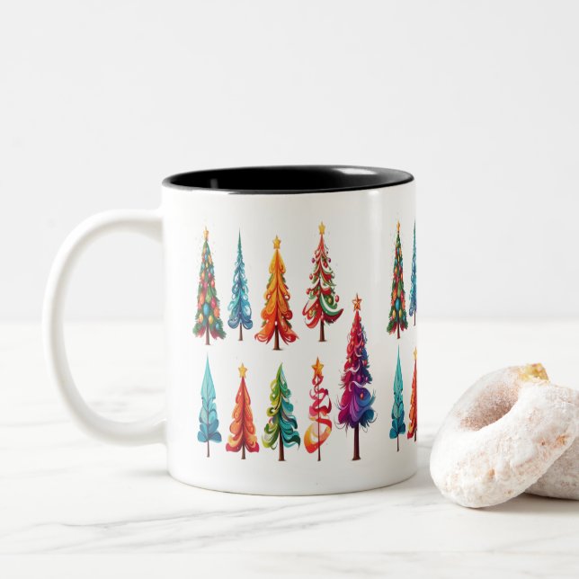 Colourful Christmas Trees Two-Tone Coffee Mug (With Donut)