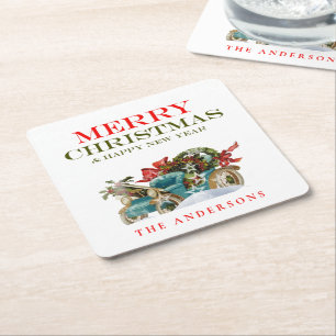 Colourful Christmas Vehicle Merry Christmas Party Square Paper Coaster
