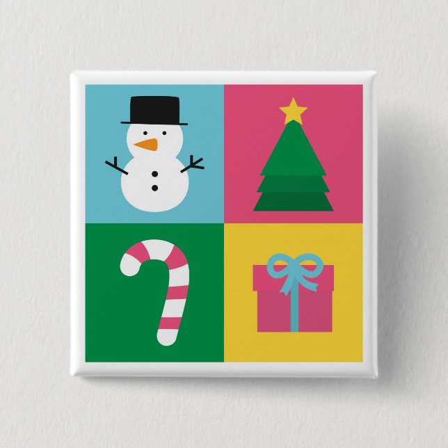 Colourful Christmas with Snowman, Tree, Candy 2 Inch Square Button (Front)