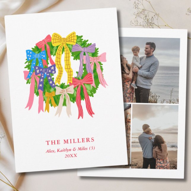 Colourful Christmas Wreath Fun Bows 3 Photo Family Holiday Card (Colorful Christmas Wreath Fun Bows 3 Photo Family Holiday Card
)