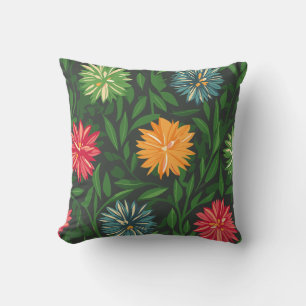 Colourful Chrysanthemums and Green Foliage Pattern Throw Pillow