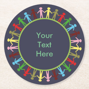 Colourful Circle of People Custom Text Round Paper Coaster