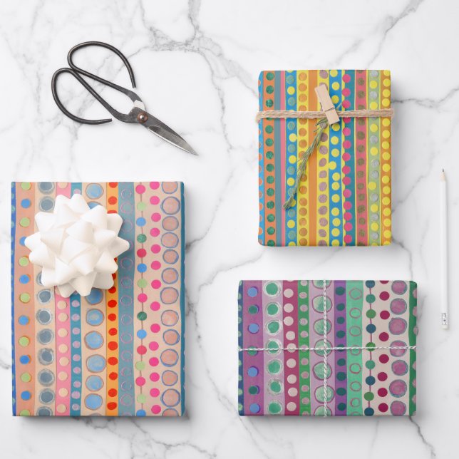 Colourful Circles and Stripes Wrapping Paper Sheet (Front)