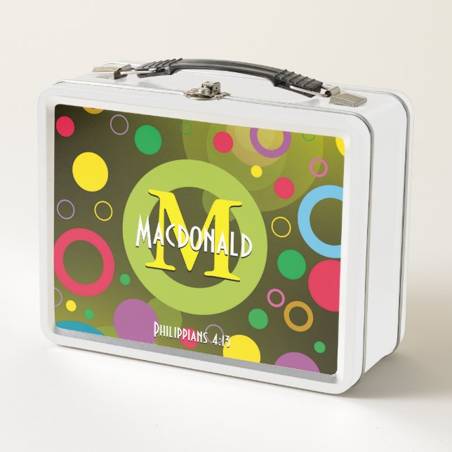Colourful Circles Spots Rings Personalized GREEN Metal Lunch Box (Front)