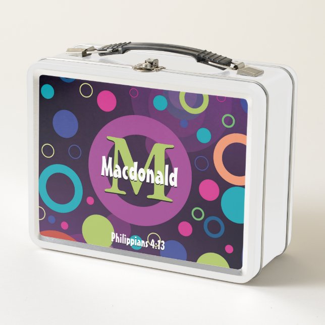 Colourful Circles Spots Rings Personalized PURPLE Metal Lunch Box (Front)