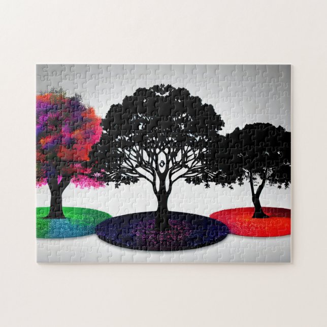 Colourful Circles Under Intricate Tree Silhouettes Jigsaw Puzzle (Horizontal)