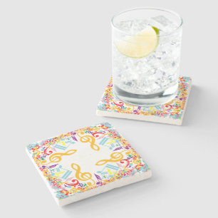 Colourful Circular Jumbled Music Notes Stone Coaster