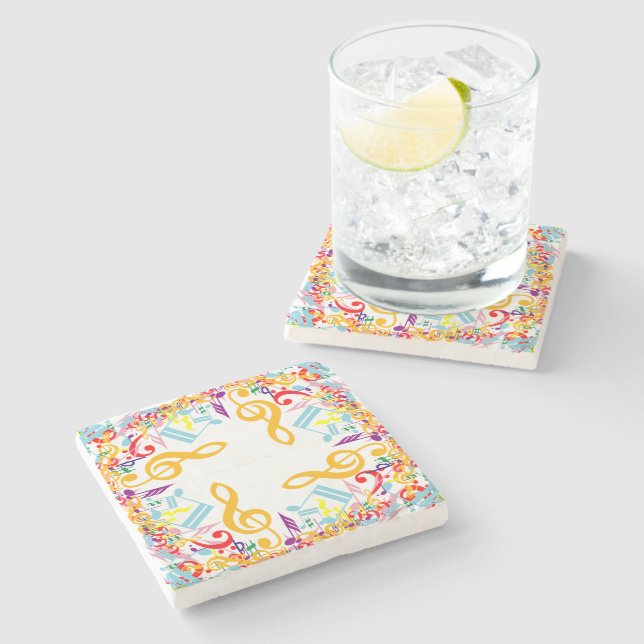 Colourful Circular Jumbled Music Notes Stone Coaster (Side)