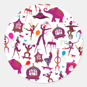 colourful circus characters on white classic round sticker