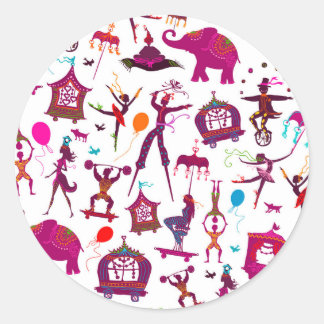 colourful circus characters on white classic round sticker