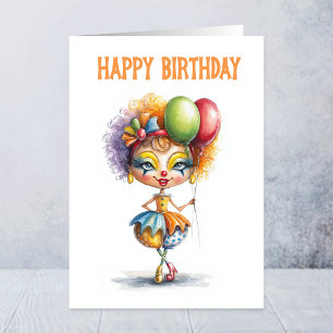 Colourful Circus Clown Holding Balloons Birthday Card