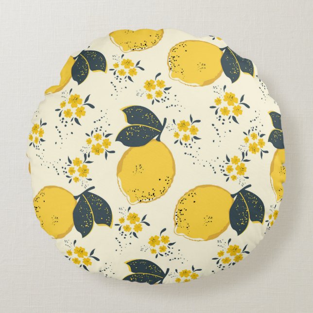 Colourful citrus, lemon flower pattern. round pillow (Front)