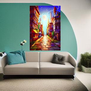 colourful city moon in the sky   AI Art  Poster
