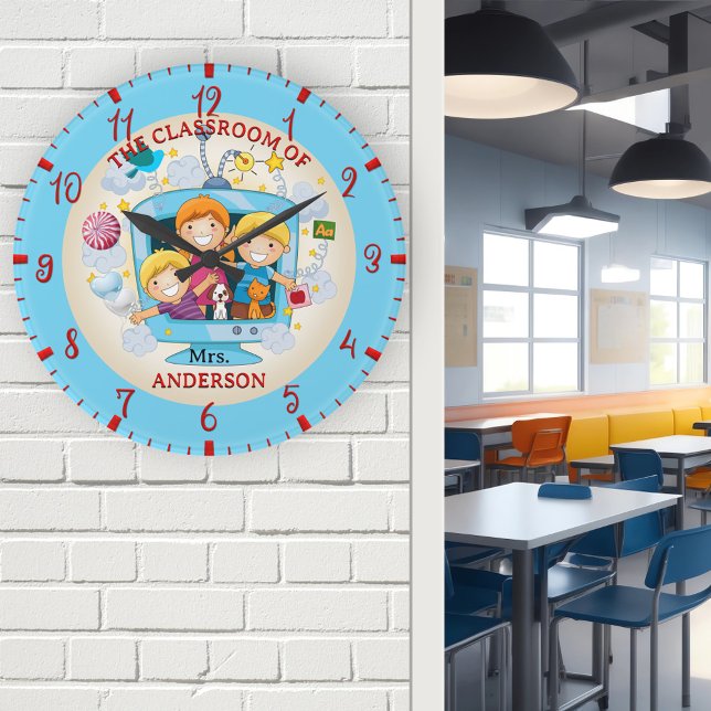 Colourful Classroom Teacher  Round Clock (Wall clock featuring an illustration of happy children going to school - nice for a teacher)