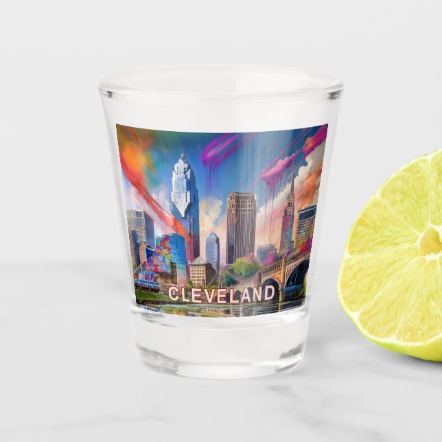 Colourful Cleveland Skyline Abstract Art Shot Glass (Front)