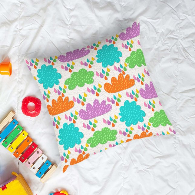 Colourful Clouds and Raindrops Throw Pillow (Creator Uploaded)