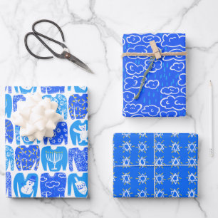 Colourful Clouds Rain Ugly Hanukkah Sweaters Blue Wrapping Paper Sheet