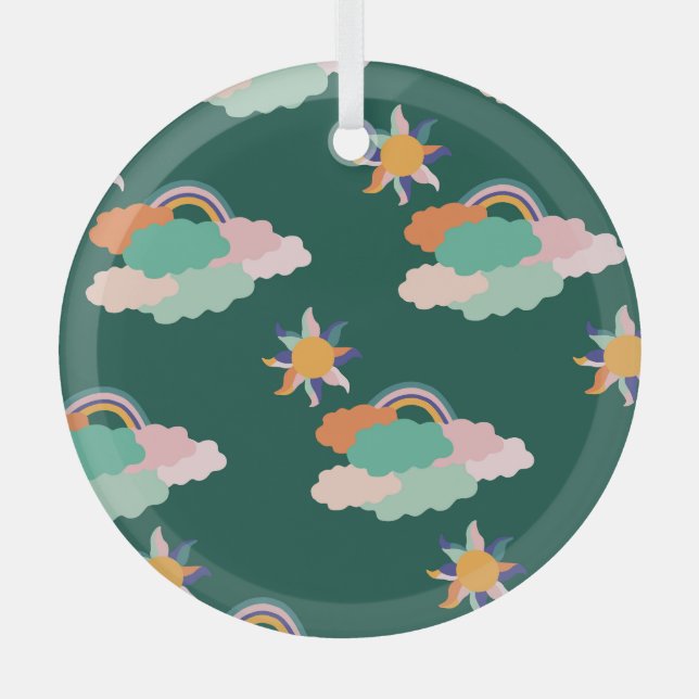 Colourful Clouds Rainbows Seamless Pattern Glass Ornament (Front)