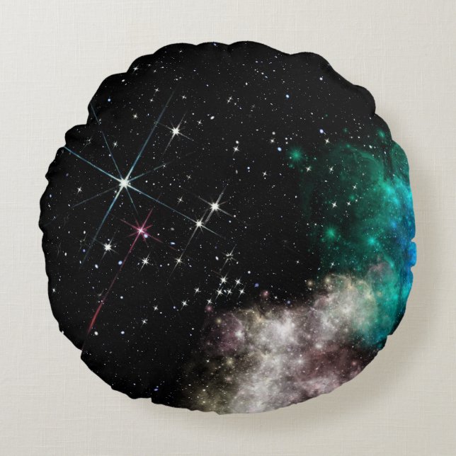 Colourful Clouds Stars in Space Round Pillow (Front)