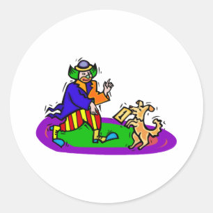 Colourful clown with dog classic round sticker