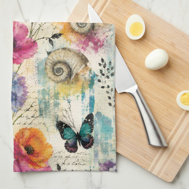 Colourful Coastal Botanical watercolor Pattern Kitchen Towel (Quarter Fold)