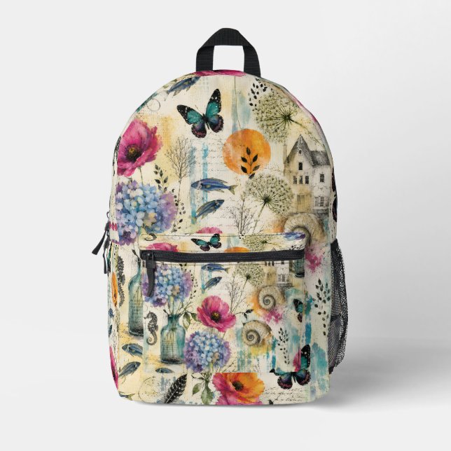 Colourful Coastal Botanical watercolor Pattern Printed Backpack (Front)