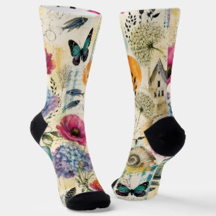 Colourful Coastal Botanical watercolor Pattern Socks