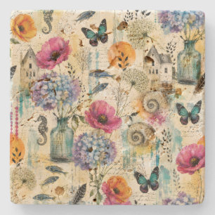 Colourful Coastal Botanical watercolor Pattern Stone Coaster