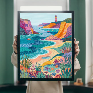 Colourful Coastal Folk Art Lighthouse Beach Canvas Poster