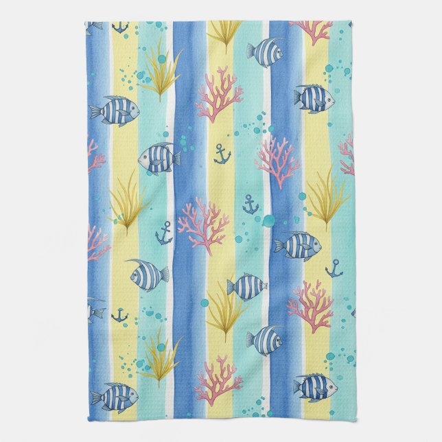 Colourful Coastal Sea Life Pattern (10) Kitchen Towel (Vertical)