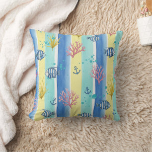 Colourful Coastal Sea Life Pattern (10) Throw Pillow