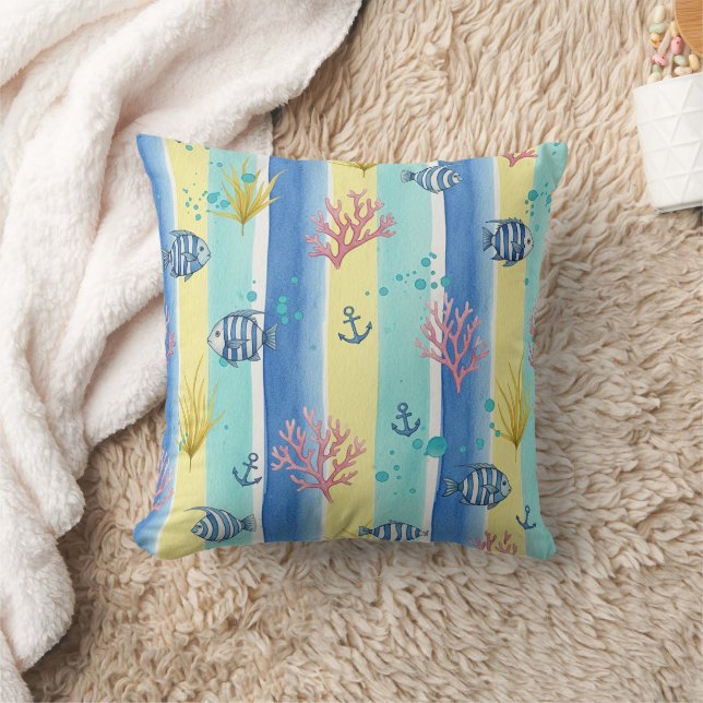 Colourful Coastal Sea Life Pattern (10) Throw Pillow (Blanket)