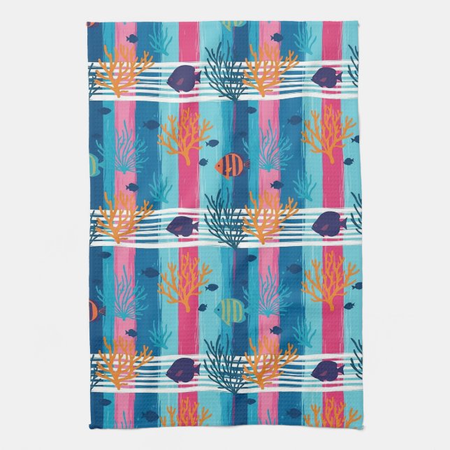 Colourful Coastal Sea Life Pattern (11) Kitchen Towel (Vertical)