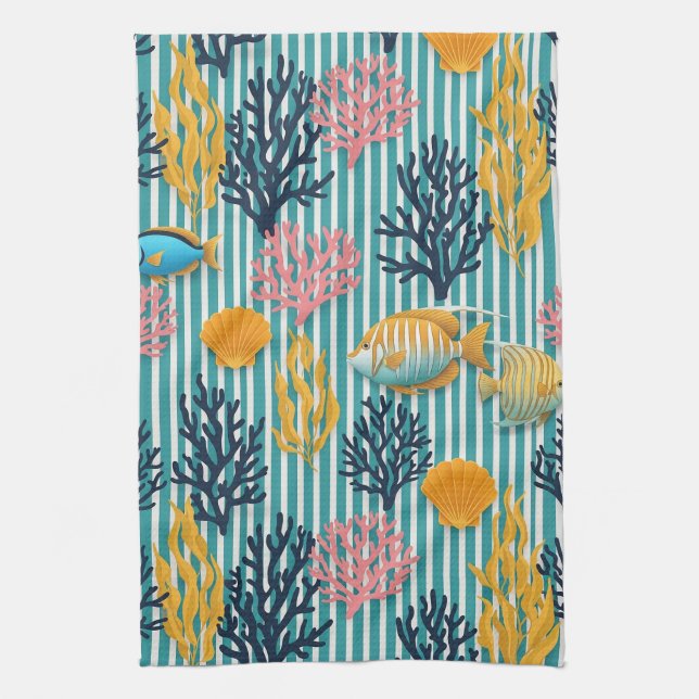 Colourful Coastal Sea Life Pattern (12) Kitchen Towel (Vertical)